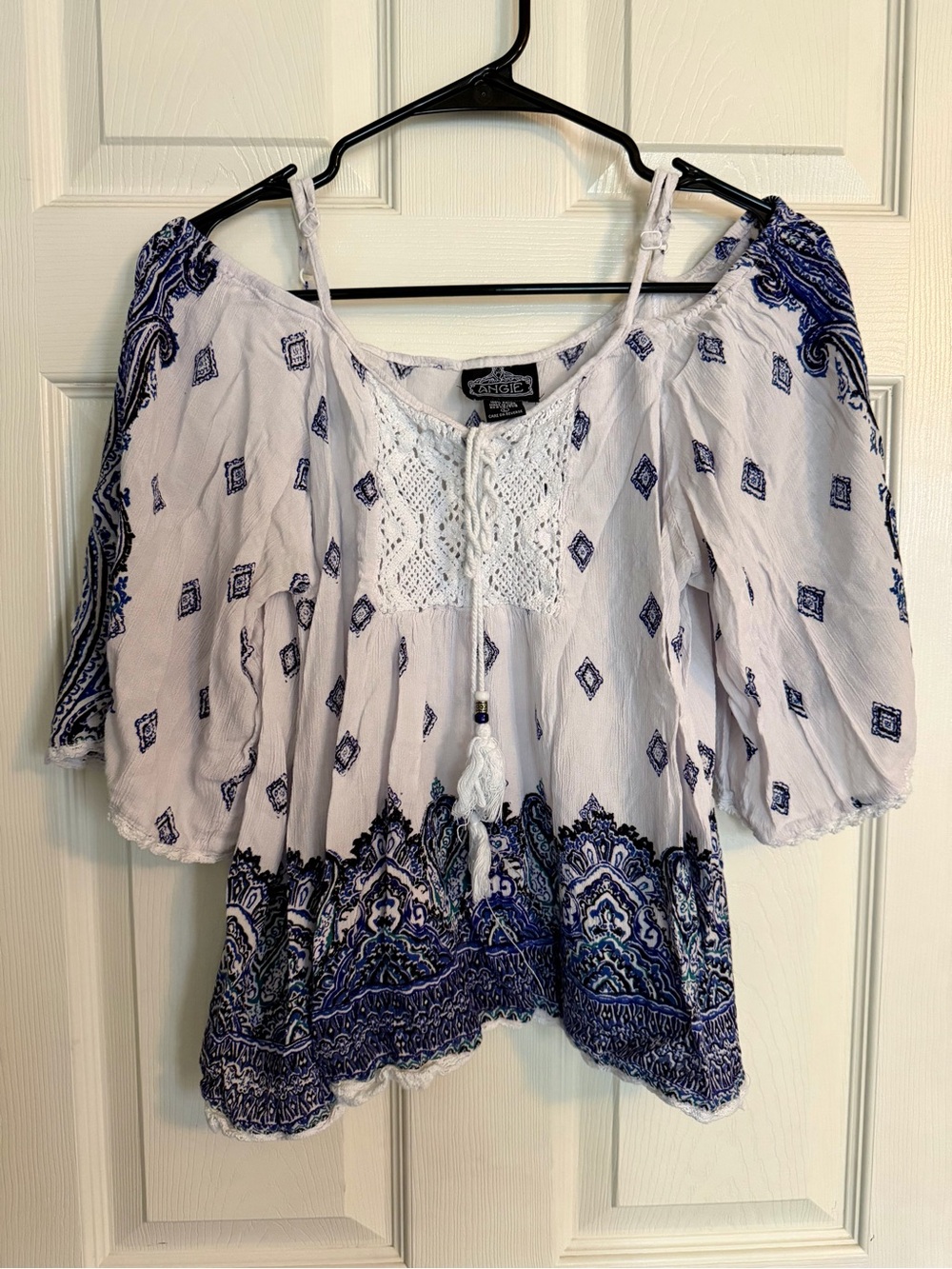 Angie White & Navy Crochet-Paneled Boho Tunic